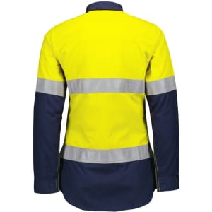 A lightweight ripstop shirt in bright yellow with navy sleeves and reflective tape. It features a branded logo.