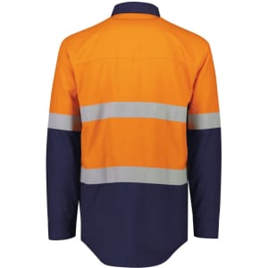 A spliced work shirt featuring orange and navy colours with reflective hoop tape details and a logo.