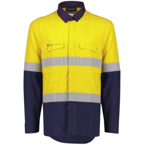 Men's lightweight ripstop shirt in yellow and navy, featuring reflective hoop tape and front pockets. Includes branding.