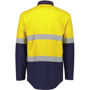 A lightweight ripstop shirt in bright yellow and navy, featuring hoop taping for high visibility. Includes a branding logo.