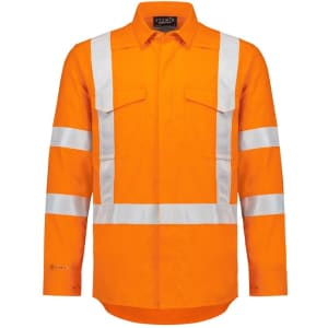 A long-sleeved work shirt in bright orange with reflective tape across the chest and arms, featuring two front pockets and a logo.