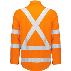 An orange lightweight ripstop shirt featuring white reflective tape in an X pattern on the back.