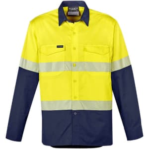 A long sleeve shirt featuring high visibility yellow and navy blue colours with segmented reflective tape and branding.