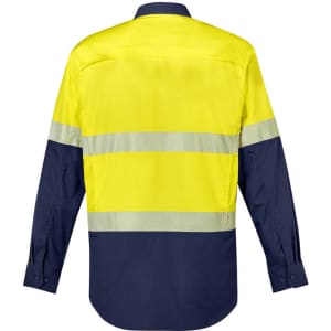 A long sleeve shirt in bright yellow and navy, featuring segmented reflective tape and a logo.