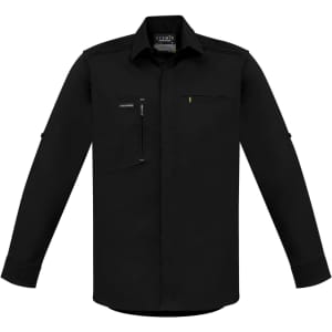 A black long-sleeved men's shirt featuring a pocket and a logo. Suitable for workwear and outdoor activities.