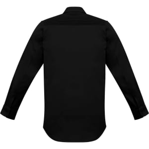 A black long-sleeve shirt featuring a textured back and a collar, designed for workwear. Includes a brand logo.