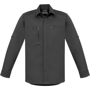 A dark grey long-sleeve stretch work shirt with front pockets and a logo. Suitable for workwear.