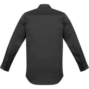 A black long-sleeve shirt with a tailored fit and a logo on the back. Suitable for workwear.