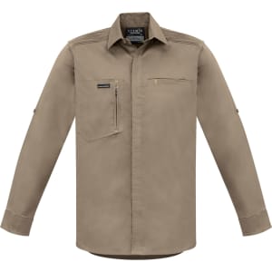 A beige long-sleeve stretch shirt with a chest pocket and branding, suitable for workwear.