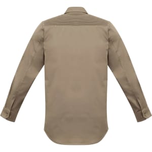 A long-sleeved, stretch shirt in khaki, featuring a back yoke design and including a logo.