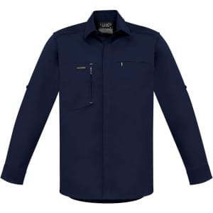 A navy long-sleeve work shirt with a button-up front and a chest pocket. Features a logo on the label.