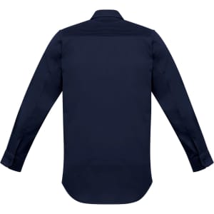 A navy blue long sleeve shirt with a collared neck and button cuffs, featuring a textured back design and branding.