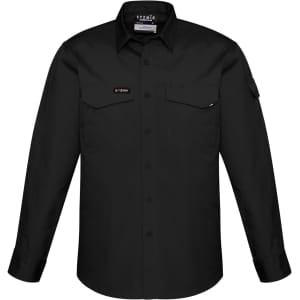 A black long sleeve button-up shirt featuring two chest pockets and a sleeve logo.