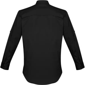 A black long sleeve button-up shirt with a smooth fabric and a logo on the back.