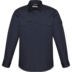 A navy long sleeve button-up shirt featuring two chest pockets and a logo. Suitable for rugged wear.