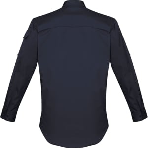 A navy blue men's long sleeve button-up shirt featuring a back yoke and a logo.