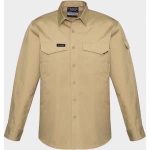 A beige long sleeve button-up shirt with two front pockets and a logo on the chest.