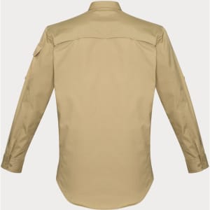 A long-sleeve, button-up shirt in a tan colour, featuring a back yoke and sleeves with pockets. It has a logo.