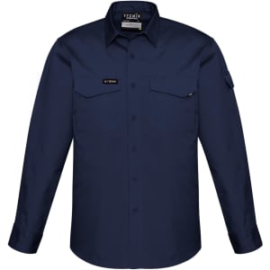 A navy long sleeve button-up shirt featuring two chest pockets and a logo on the upper side.