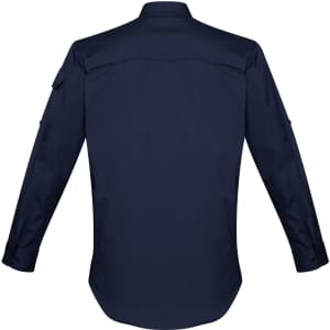 A navy blue long sleeve shirt with a button-up design and branding details on the sleeve.