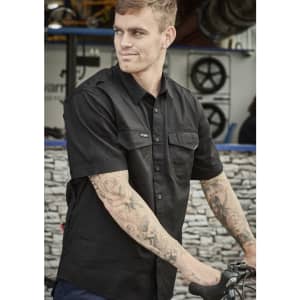 A short sleeve rugged shirt in black with a logo, featuring two chest pockets and a stylish fit.