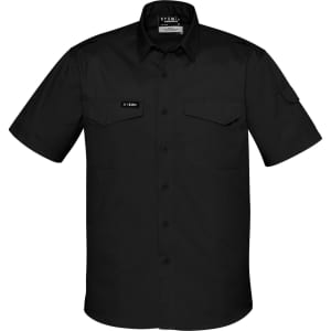 A black short sleeve shirt with a button-up front, two chest pockets, and a logo on the sleeve.
