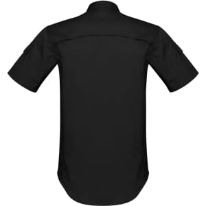 A black men's short sleeve shirt featuring a streamlined design and a logo on the back.
