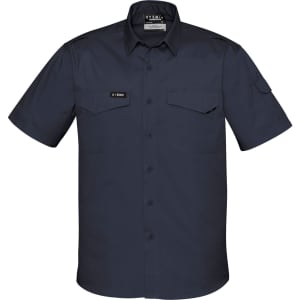 A navy short sleeve shirt with a collar, featuring two chest pockets and a logo on the side sleeve.