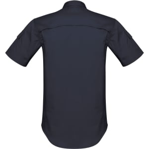 A navy blue men's short sleeve shirt featuring a straight back design and a logo.