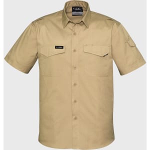 A tan short sleeve shirt featuring two chest pockets and a logo on the upper left side.