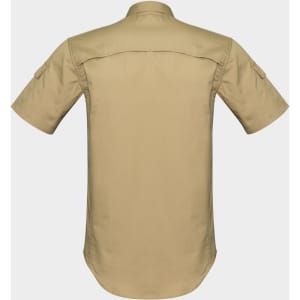 A short-sleeve shirt in a khaki colour with a straight-cut back and a logo.