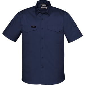 A navy blue short sleeve shirt with a collar, featuring two chest pockets and a logo on the sleeve.
