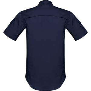 A short sleeve, navy blue men's shirt featuring a classic collar and a back yoke with a logo.