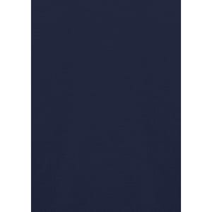 A navy blue short sleeve shirt with a smooth texture and a logo on the chest area.