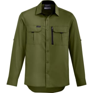 A long sleeve, button-up shirt in olive green with a front zip pocket and two chest pockets. It has a logo on it.