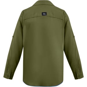 An olive green men's outdoor long sleeve shirt with a button-up front and a logo on the back.