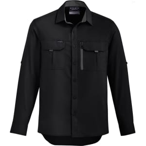 A black long sleeve button-up shirt with two front pockets and a logo. Suitable for outdoor activities.