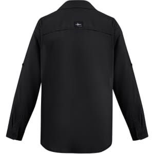 A black long sleeve button-up shirt featuring a back yoke and logo, designed for outdoor use.