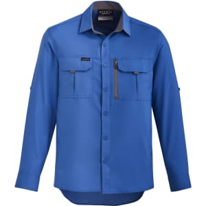 A blue long sleeve button-up shirt with two chest pockets and a logo, featuring a grey collar.