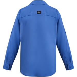 A blue long sleeve outdoor shirt with a button-up design and a logo on the back.
