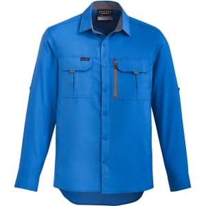 A blue long sleeve button-up shirt with chest pockets and a logo.