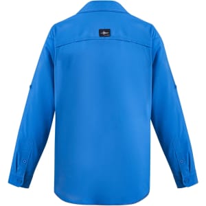 A blue long sleeve shirt with a button-up front and roll-up sleeves. Features a logo on the back.