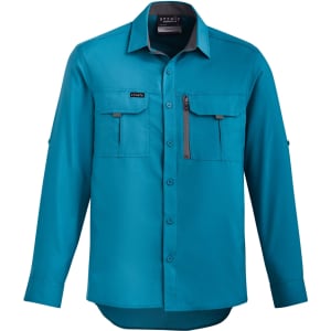A men's long sleeve button-up shirt in teal, featuring two front pockets and a zipped pocket, with a logo.