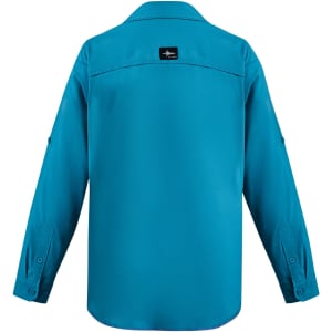 A long-sleeve button-up shirt in vibrant blue, featuring a back yoke and roll-up sleeve tabs. Includes a logo on the back.