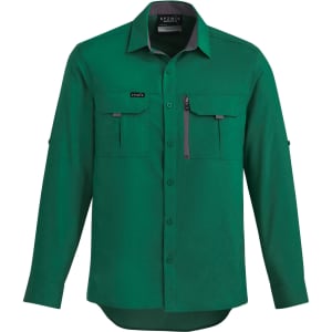 A green long sleeve button-up shirt with two chest pockets and a logo on the front.