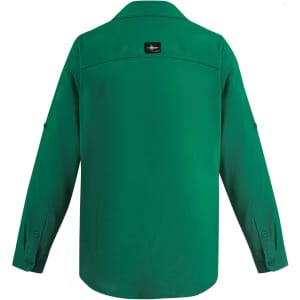 A green long sleeve shirt with a button-up front and a logo on the back.