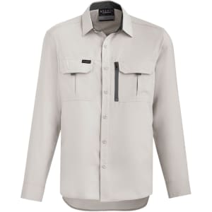 A light grey long sleeve button-up shirt featuring two front pockets and a zip pocket, with a logo on the chest.