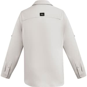 A light grey men's outdoor long sleeve button-up shirt with a logo on the back.