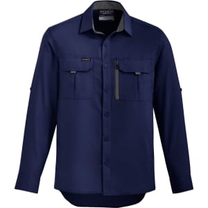 A men's long sleeve outdoor shirt in navy blue, featuring a button-up front and two chest pockets, with a logo.