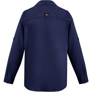 A navy long sleeve button-up shirt featuring a logo and a classic collar. Ideal for outdoor wear.